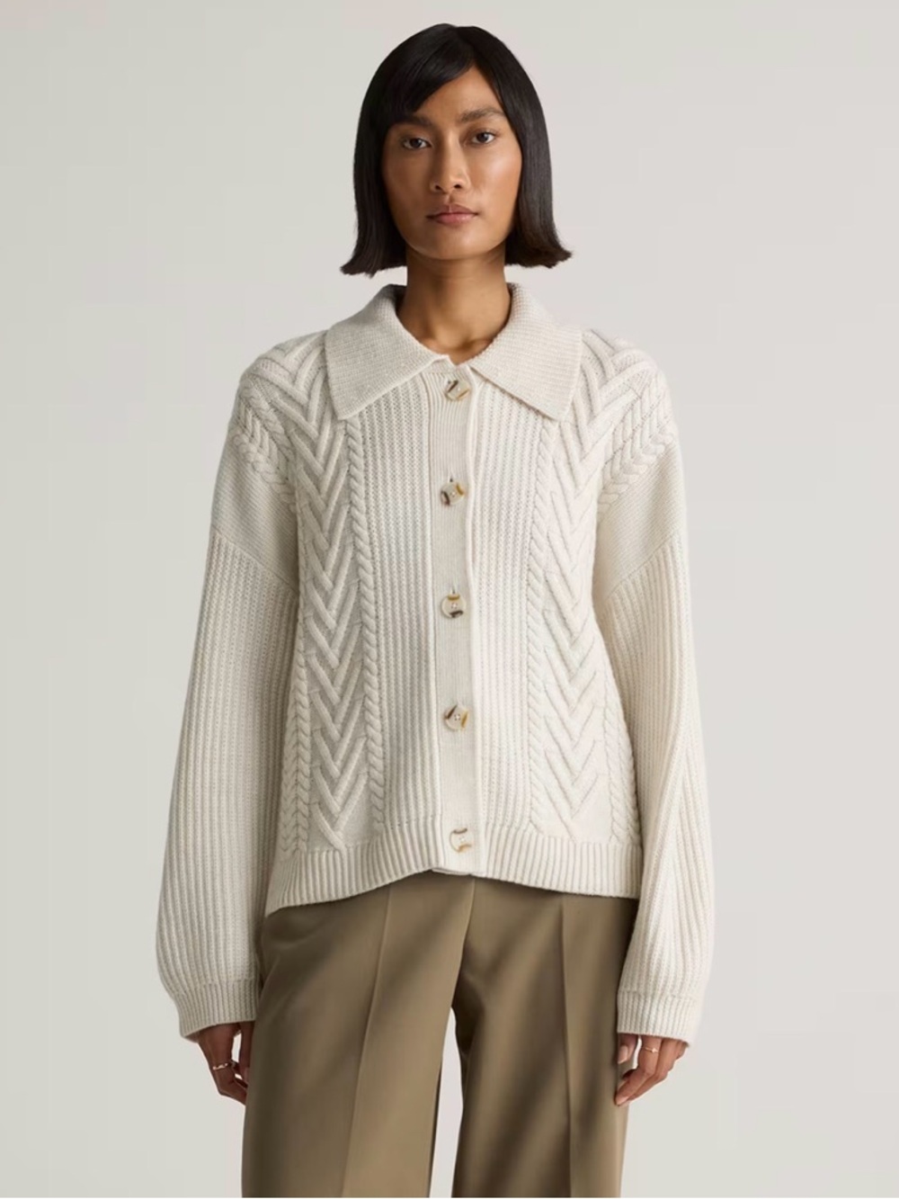Quince Australian Merino Wool Collared Cable Cardigan Heather Bone Sz L